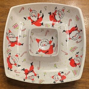 Vintage Christmas Dancing Santa 1950s Chip and Dip Bowl Snack Tray